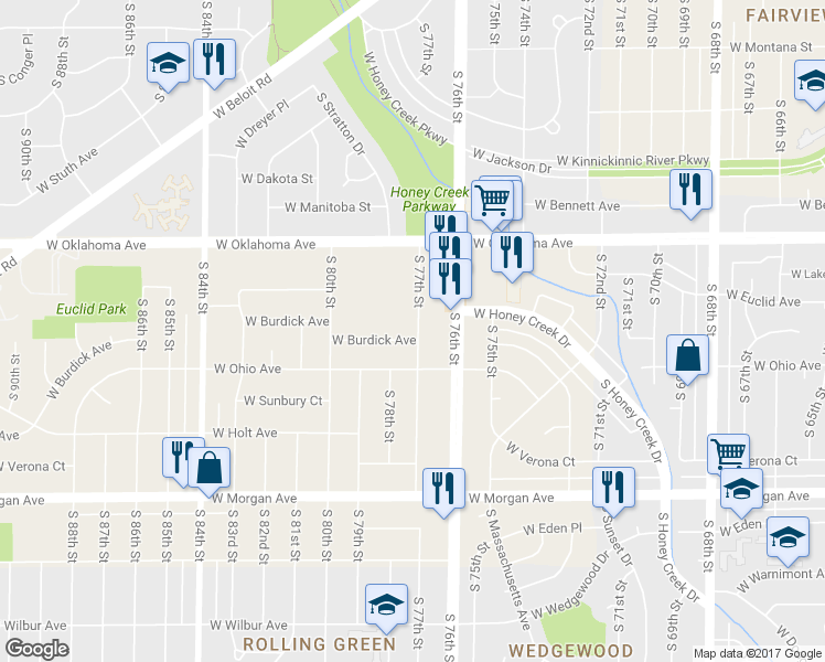 map of restaurants, bars, coffee shops, grocery stores, and more near 3211 South 77th Street in Milwaukee