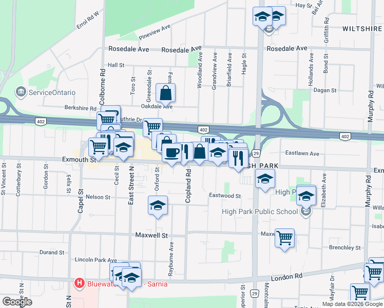 map of restaurants, bars, coffee shops, grocery stores, and more near 800 Exmouth Street in Sarnia
