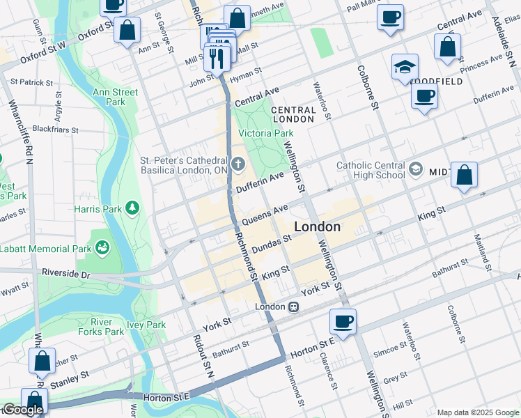 map of restaurants, bars, coffee shops, grocery stores, and more near 201 Queens Avenue in London
