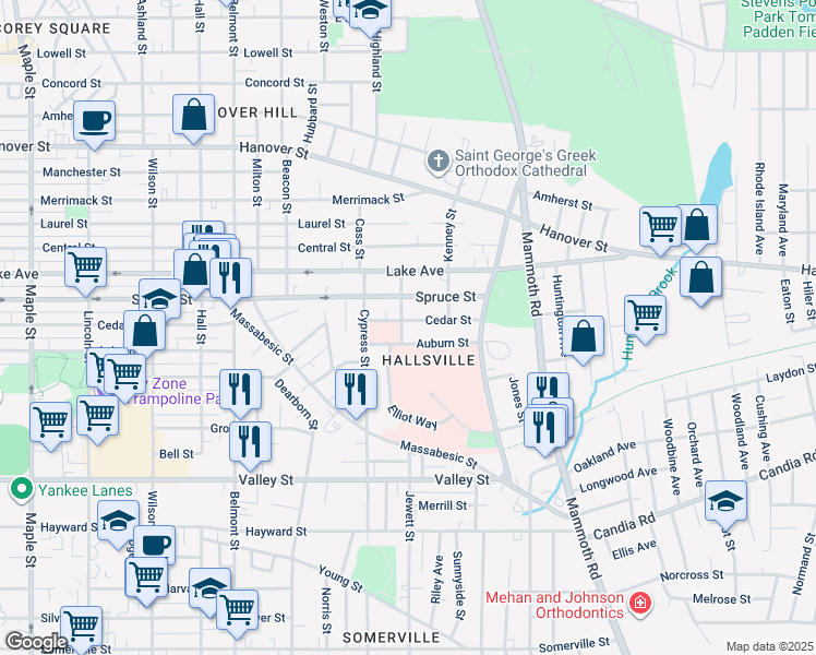 map of restaurants, bars, coffee shops, grocery stores, and more near 45 Canton Street in Manchester