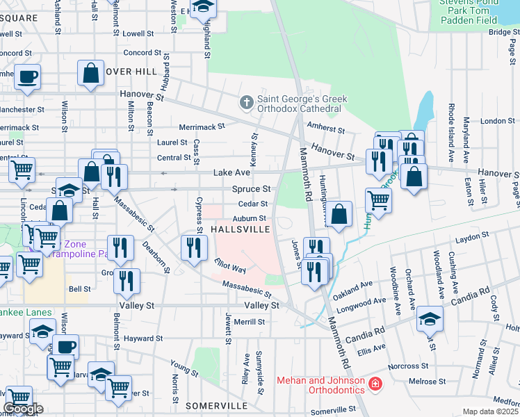map of restaurants, bars, coffee shops, grocery stores, and more near 250 Tarrytown Road in Manchester