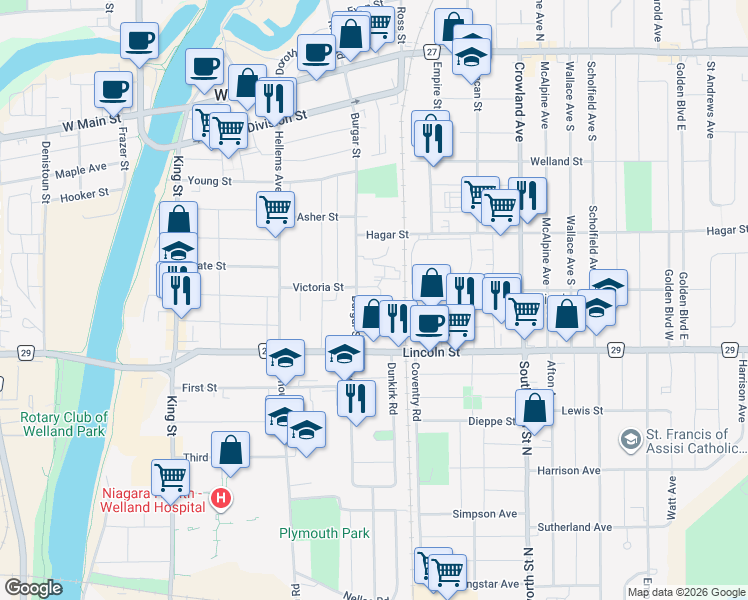 map of restaurants, bars, coffee shops, grocery stores, and more near 111 Victoria Street in Welland