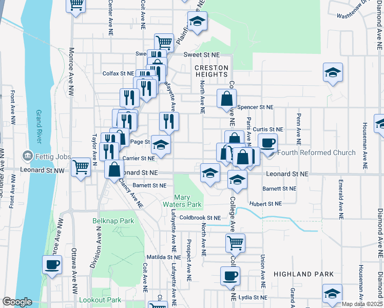 map of restaurants, bars, coffee shops, grocery stores, and more near 339 Carrier Street Northeast in Grand Rapids