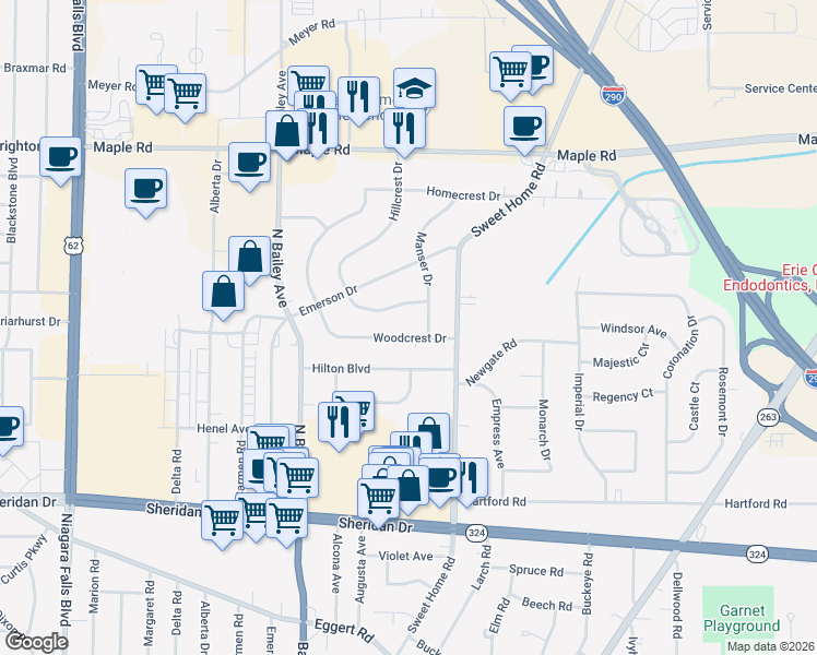 map of restaurants, bars, coffee shops, grocery stores, and more near 57 Woodcrest Drive in Buffalo