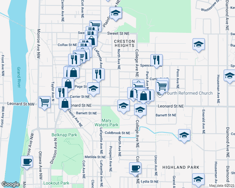 map of restaurants, bars, coffee shops, grocery stores, and more near 1239 North Avenue Northeast in Grand Rapids