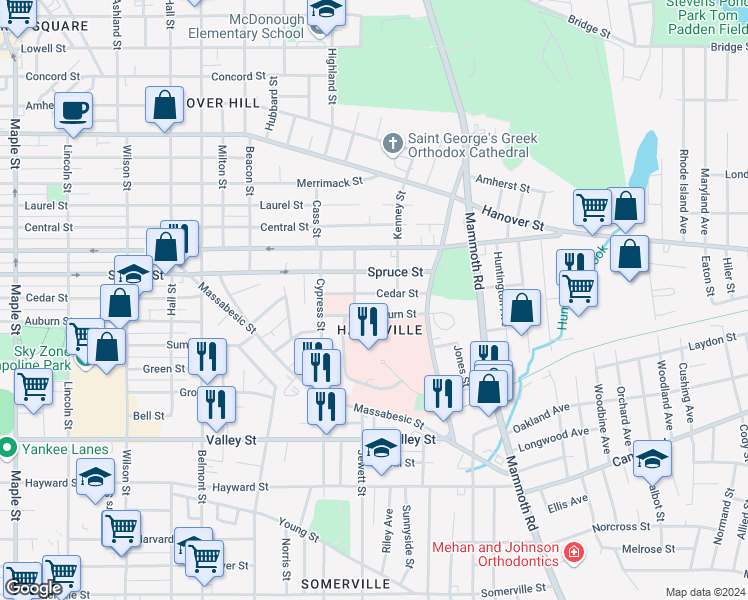 map of restaurants, bars, coffee shops, grocery stores, and more near 953 Cedar Street in Manchester