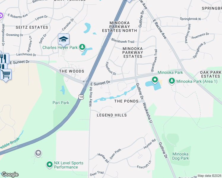 map of restaurants, bars, coffee shops, grocery stores, and more near 1629 East Sunset Drive in Waukesha