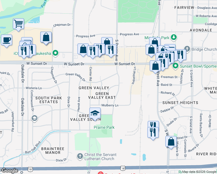 map of restaurants, bars, coffee shops, grocery stores, and more near 1528 Chestnut Lane in Waukesha