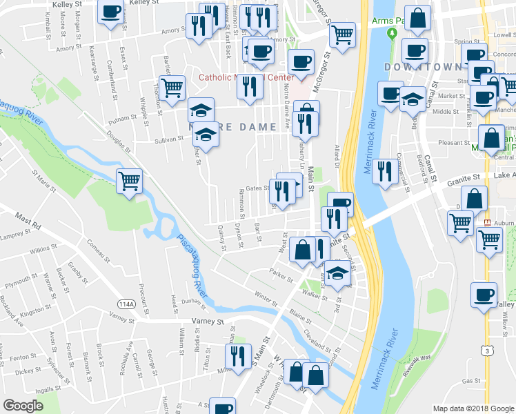 map of restaurants, bars, coffee shops, grocery stores, and more near 18 Dubuque Street in Manchester