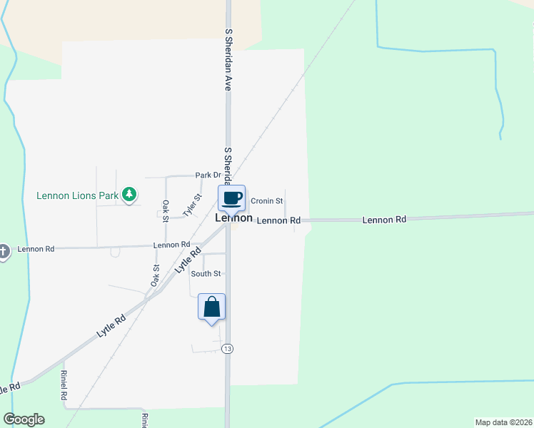 map of restaurants, bars, coffee shops, grocery stores, and more near 12428 Lennon Road in Lennon