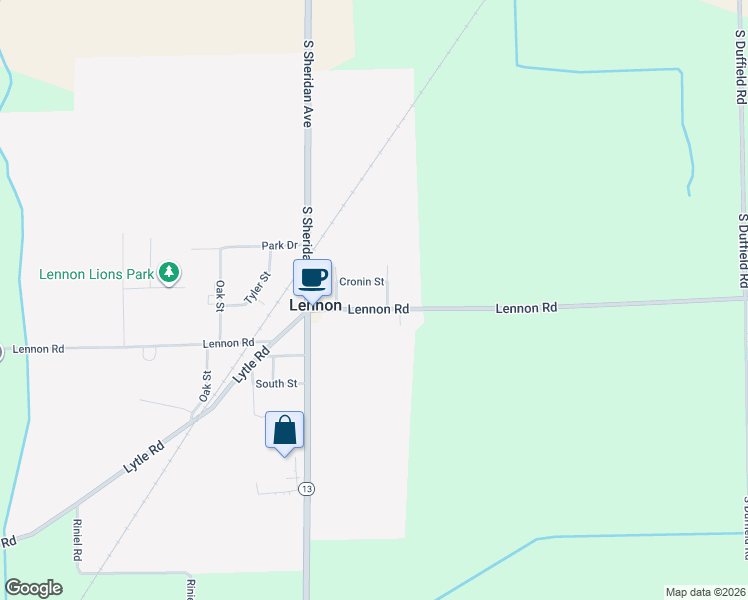 map of restaurants, bars, coffee shops, grocery stores, and more near 12428 Lennon Road in Lennon