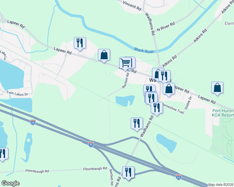 map of restaurants, bars, coffee shops, grocery stores, and more near 2768 Bartlett Road in Smiths Creek