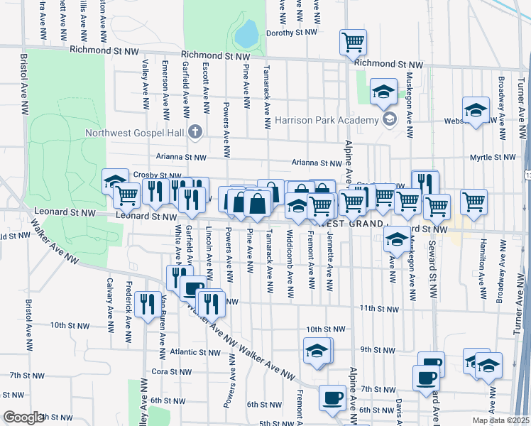 map of restaurants, bars, coffee shops, grocery stores, and more near 1211 Tamarack Avenue Northwest in Grand Rapids