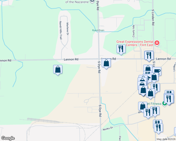 map of restaurants, bars, coffee shops, grocery stores, and more near 3040 South Dye Road in Flint