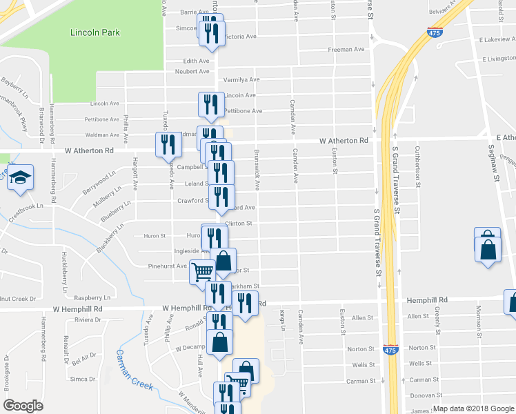 map of restaurants, bars, coffee shops, grocery stores, and more near 4198 Brunswick Avenue in Flint