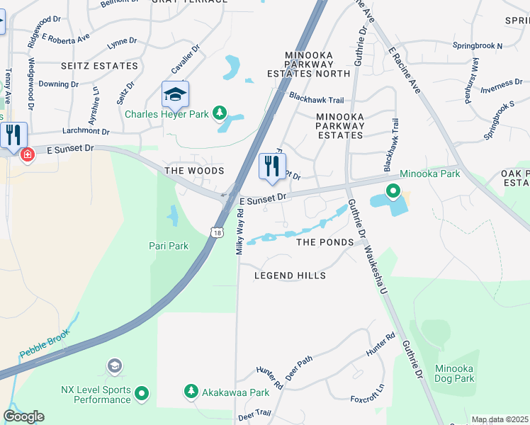 map of restaurants, bars, coffee shops, grocery stores, and more near 1621 East Sunset Drive in Waukesha