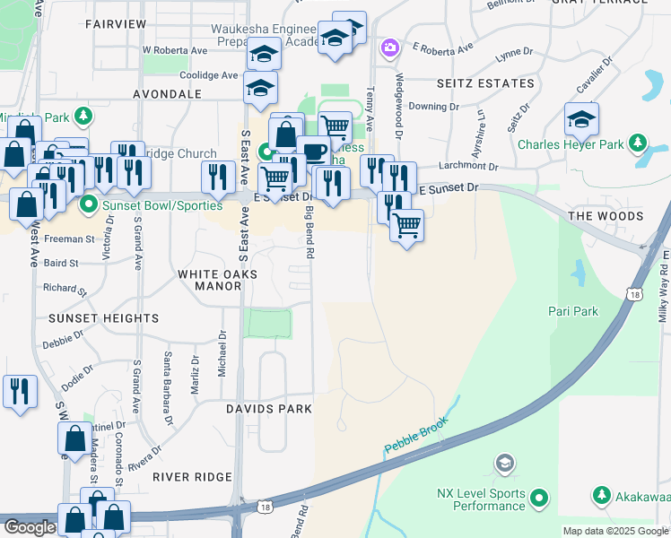 map of restaurants, bars, coffee shops, grocery stores, and more near 1505 Big Bend Road in Waukesha