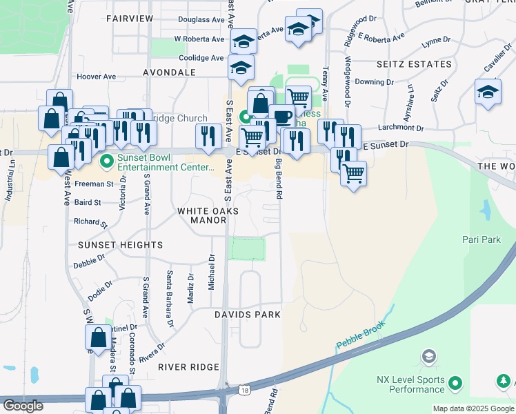 map of restaurants, bars, coffee shops, grocery stores, and more near 1516 Big Bend Road in Waukesha