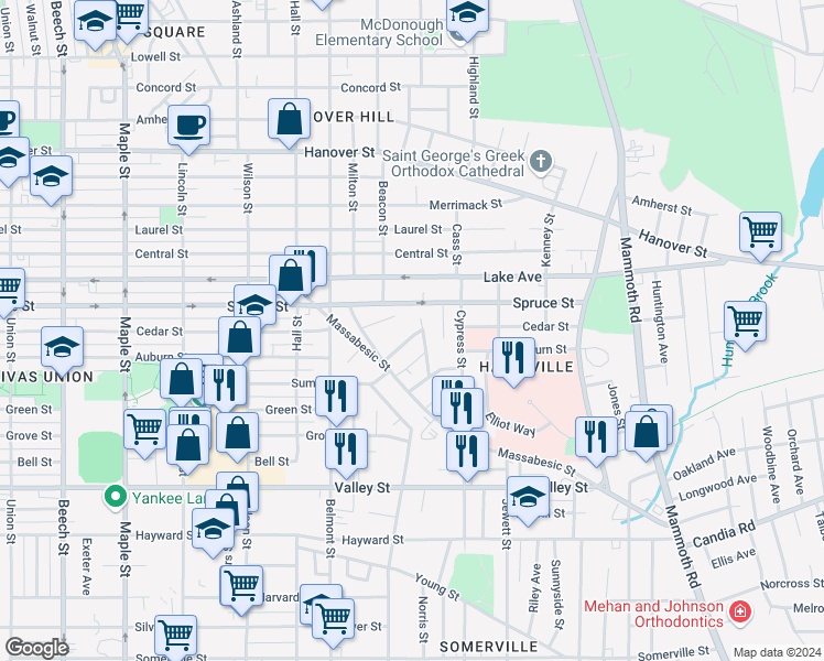 map of restaurants, bars, coffee shops, grocery stores, and more near 20 Hayes Avenue in Manchester