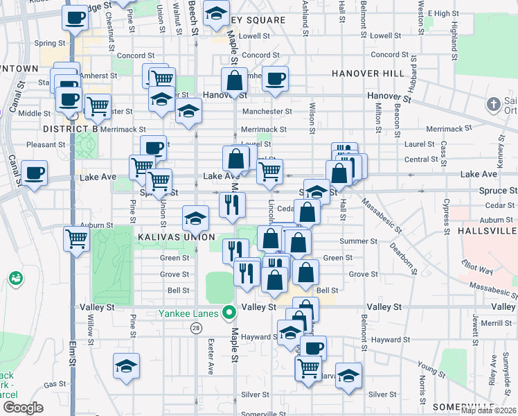 map of restaurants, bars, coffee shops, grocery stores, and more near 427 Cedar Street in Manchester