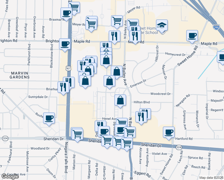 map of restaurants, bars, coffee shops, grocery stores, and more near 475 Carmen Road in Buffalo
