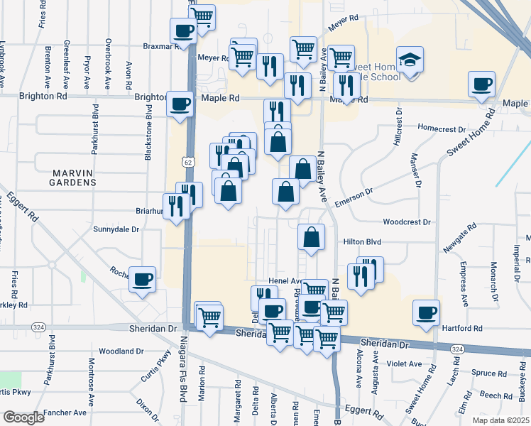 map of restaurants, bars, coffee shops, grocery stores, and more near in Erie County
