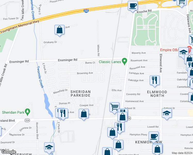 map of restaurants, bars, coffee shops, grocery stores, and more near 99 Blackmore Street in Tonawanda