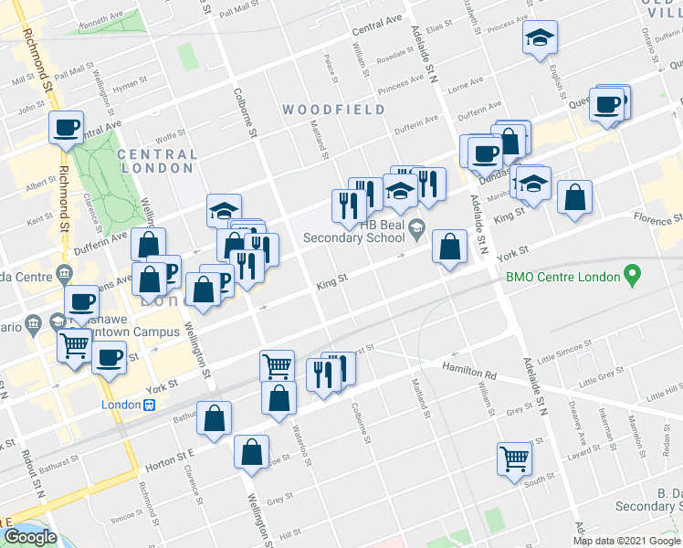 map of restaurants, bars, coffee shops, grocery stores, and more near in London