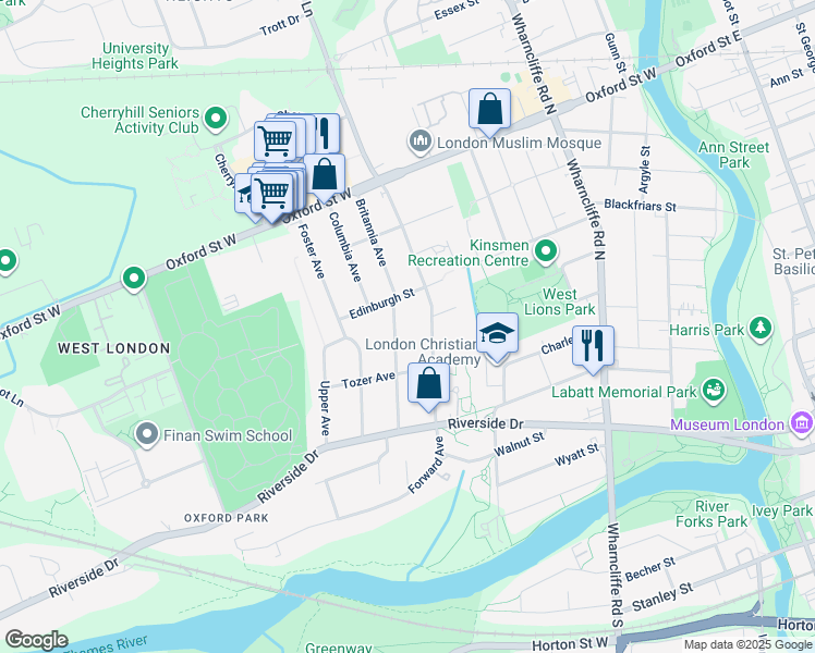 map of restaurants, bars, coffee shops, grocery stores, and more near 54 Woodward Avenue in London
