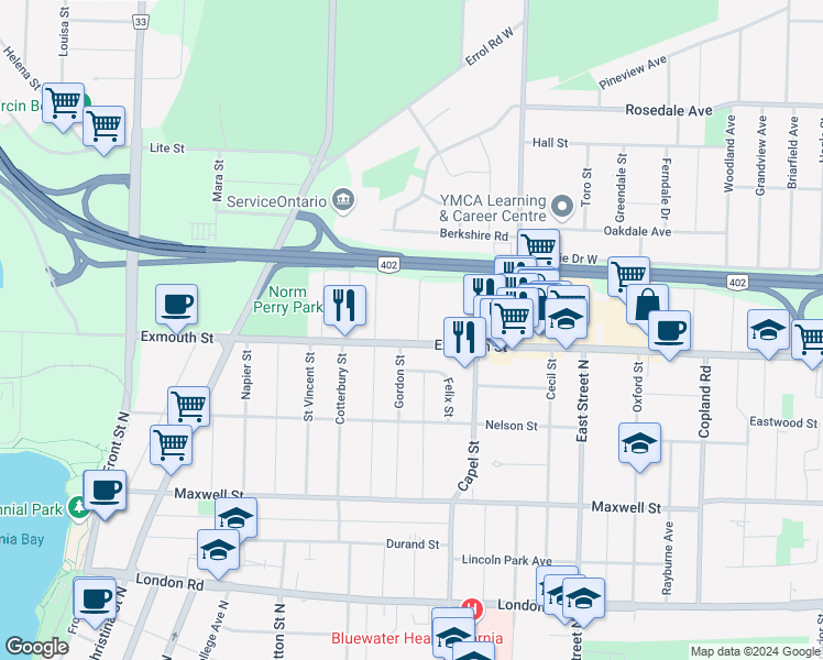 map of restaurants, bars, coffee shops, grocery stores, and more near 360 Exmouth Street in Sarnia