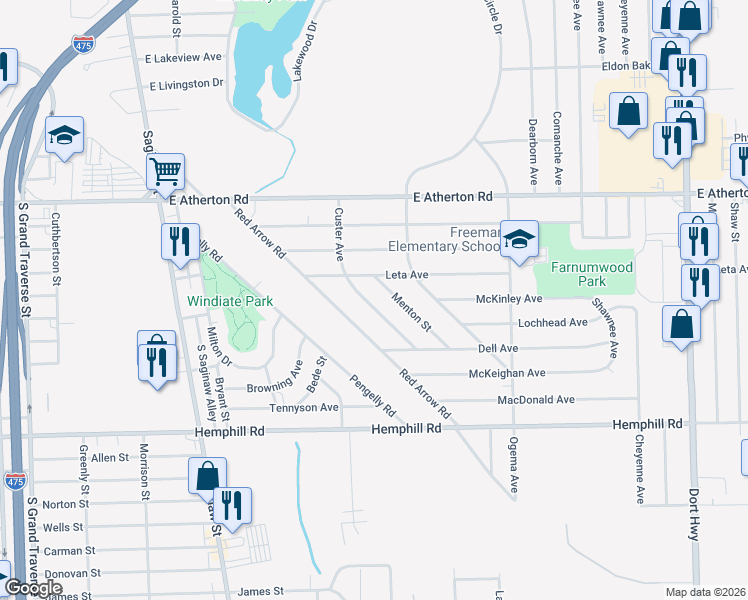 map of restaurants, bars, coffee shops, grocery stores, and more near 4210 Custer Avenue in Flint