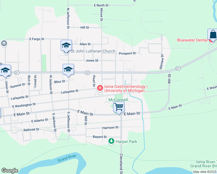 map of restaurants, bars, coffee shops, grocery stores, and more near 625 Lafayette Street in Ionia