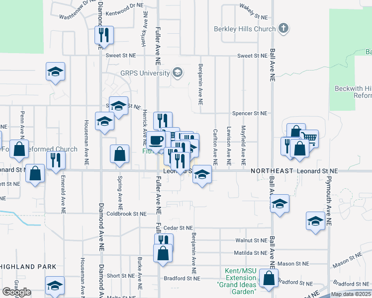 map of restaurants, bars, coffee shops, grocery stores, and more near 1239 Leonard Street Northeast in Grand Rapids