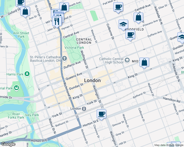 map of restaurants, bars, coffee shops, grocery stores, and more near in London