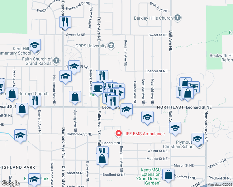 map of restaurants, bars, coffee shops, grocery stores, and more near 1239 Leonard Street Northeast in Grand Rapids