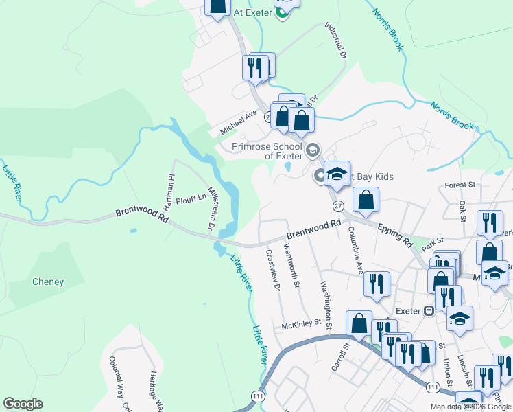 map of restaurants, bars, coffee shops, grocery stores, and more near 8 Little River Road in Exeter