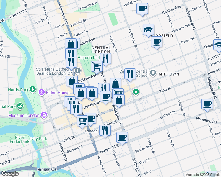 map of restaurants, bars, coffee shops, grocery stores, and more near in London