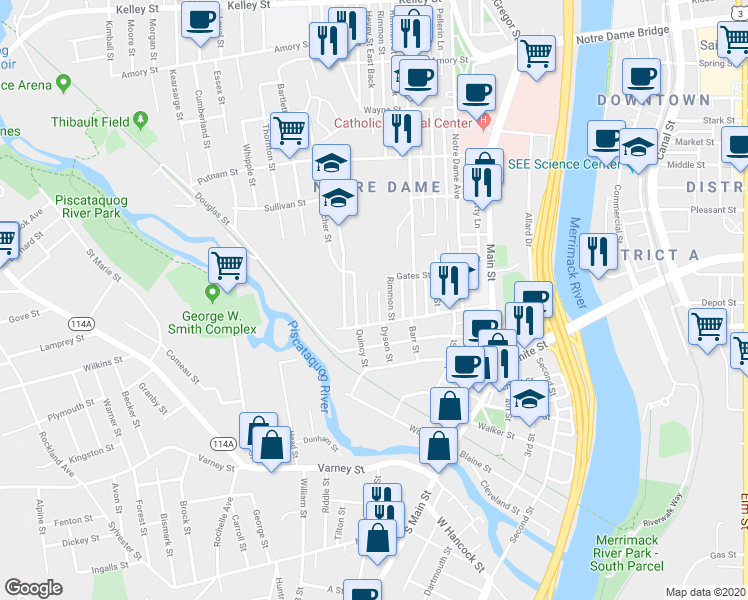 map of restaurants, bars, coffee shops, grocery stores, and more near 41 Hevey Street in Manchester