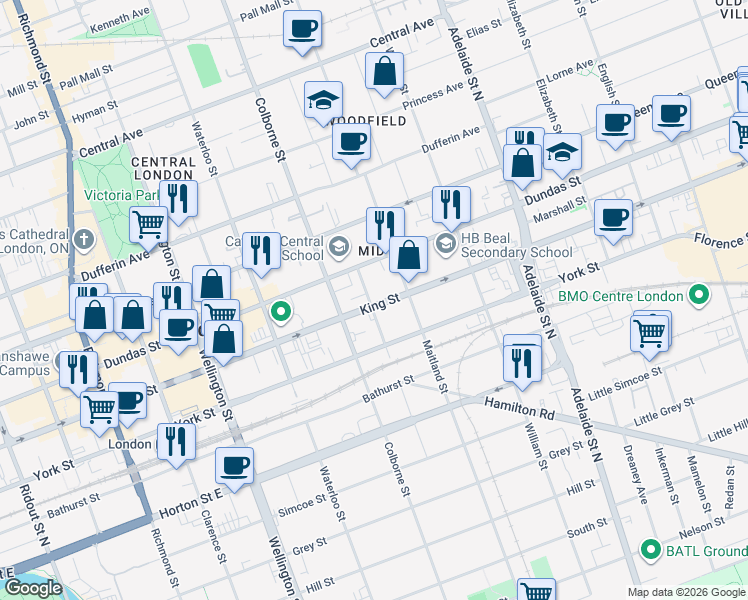 map of restaurants, bars, coffee shops, grocery stores, and more near 434 King Street in London