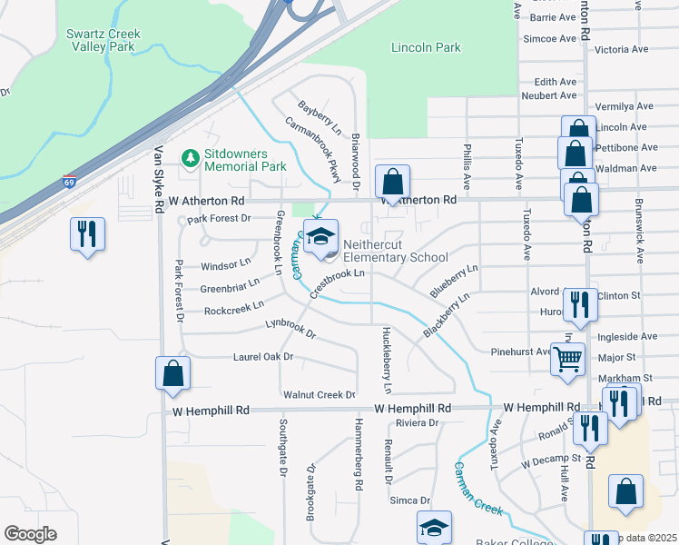 map of restaurants, bars, coffee shops, grocery stores, and more near 2010 Crestbrook Lane in Flint