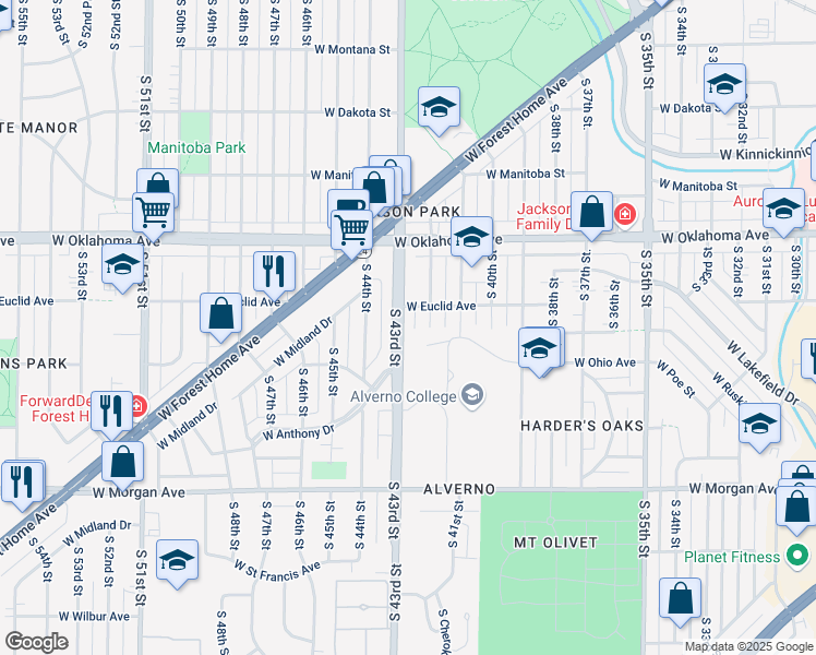 map of restaurants, bars, coffee shops, grocery stores, and more near 3224 South 43rd Street in Milwaukee