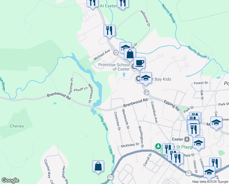map of restaurants, bars, coffee shops, grocery stores, and more near 8 Little River Road in Exeter