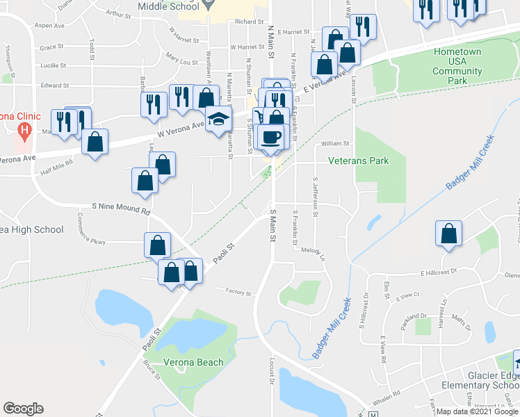 map of restaurants, bars, coffee shops, grocery stores, and more near 104 Paoli Street in Verona