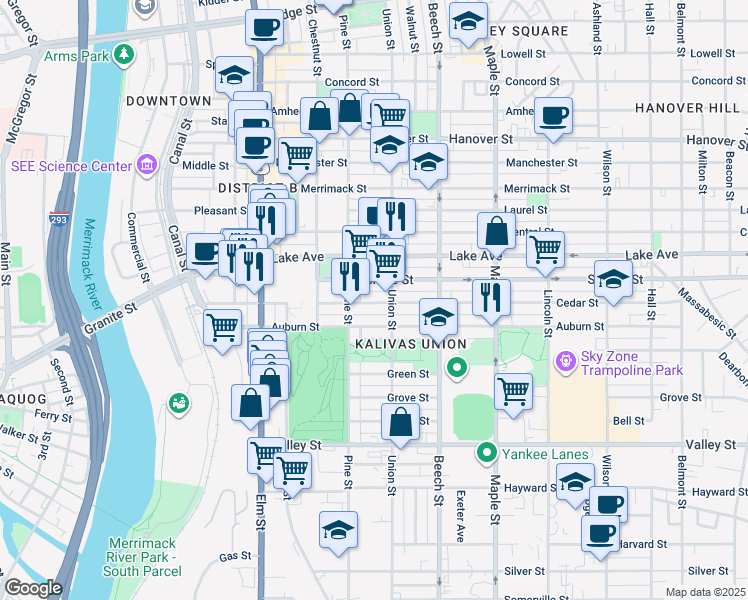 map of restaurants, bars, coffee shops, grocery stores, and more near 180 Cedar Street in Manchester