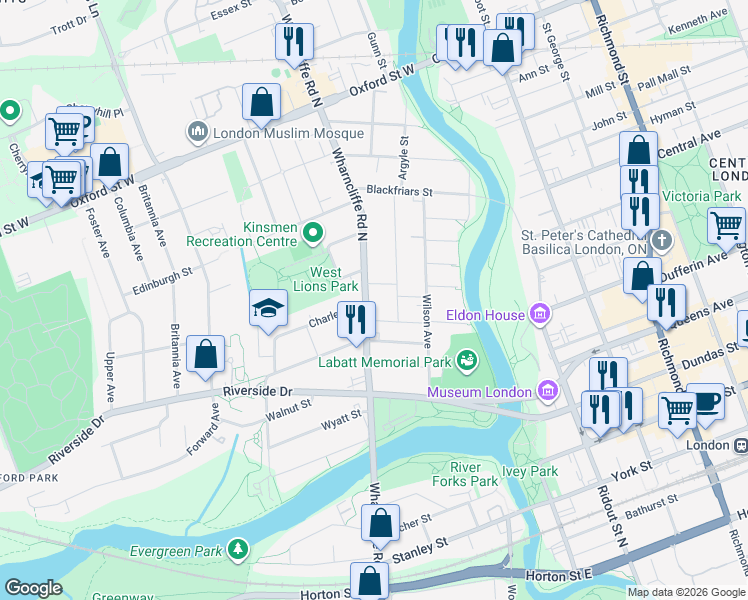 map of restaurants, bars, coffee shops, grocery stores, and more near 275 Wharncliffe Road North in London