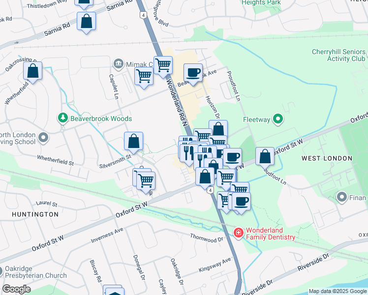map of restaurants, bars, coffee shops, grocery stores, and more near 680 Wonderland Road North in London