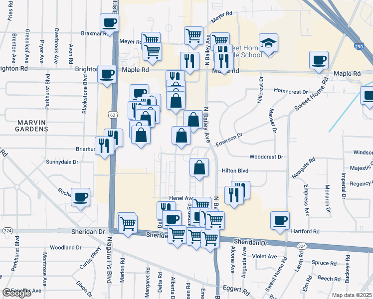 map of restaurants, bars, coffee shops, grocery stores, and more near 64 Amsterdam Avenue in Amherst