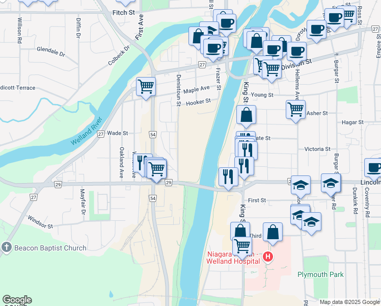 map of restaurants, bars, coffee shops, grocery stores, and more near 220 Denistoun Street in Welland