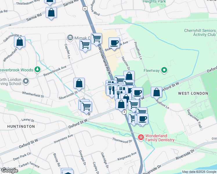 map of restaurants, bars, coffee shops, grocery stores, and more near 680 Wonderland Road in London