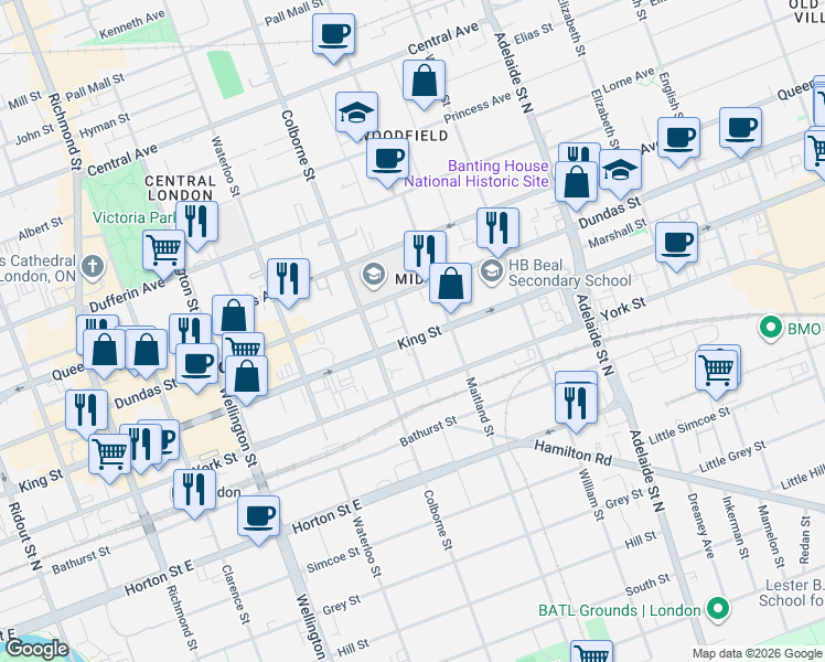 map of restaurants, bars, coffee shops, grocery stores, and more near 376 Burwell Street in London
